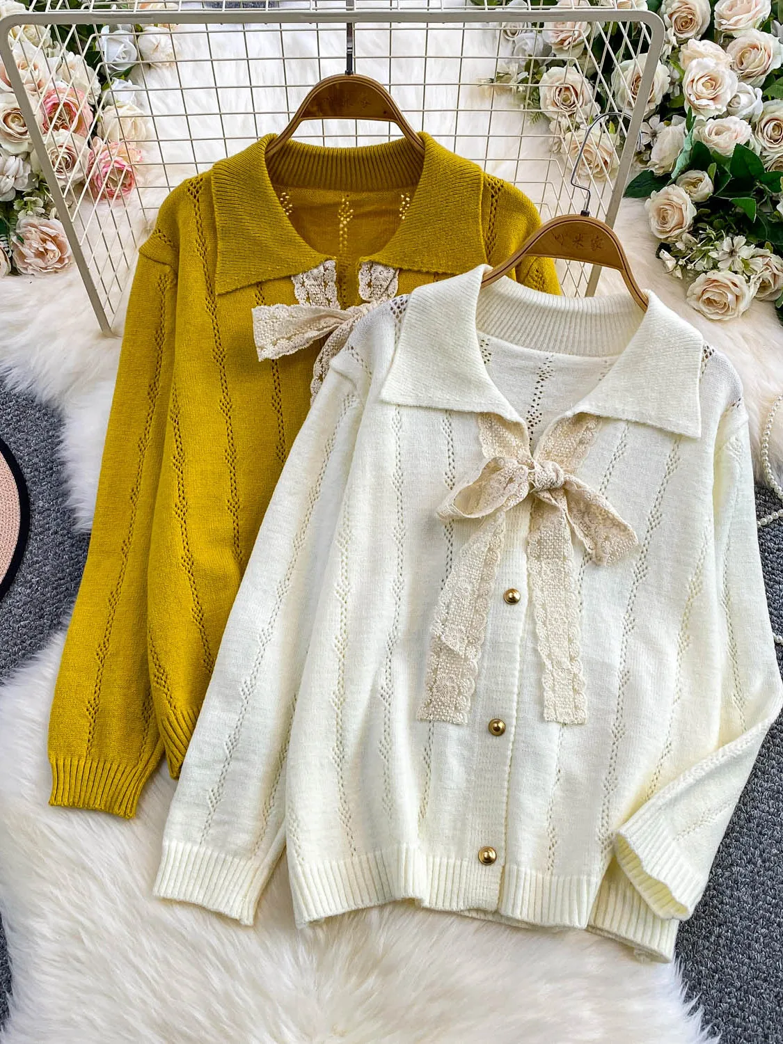 Sweet Knot Turn-down Collar Knitted Sweater Coat Women's Luxury Metal Bule Loose Slimming Top Fall Winter New Arr...