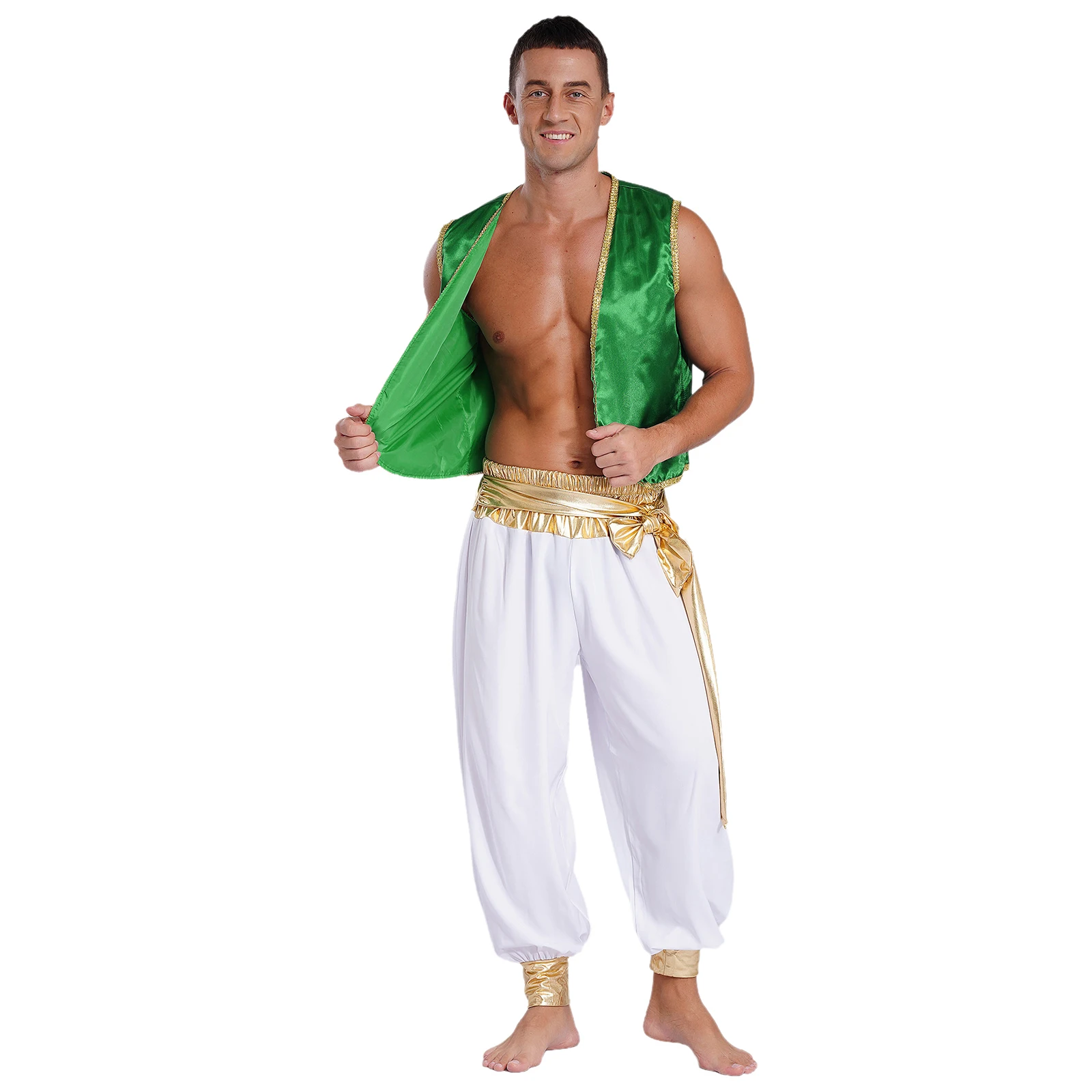 

Mens Indian Arabian Arab Prince Role Play Open Front Waistcoat Pants Set Halloween Carnival Party Cosplay Stage Performance Sets