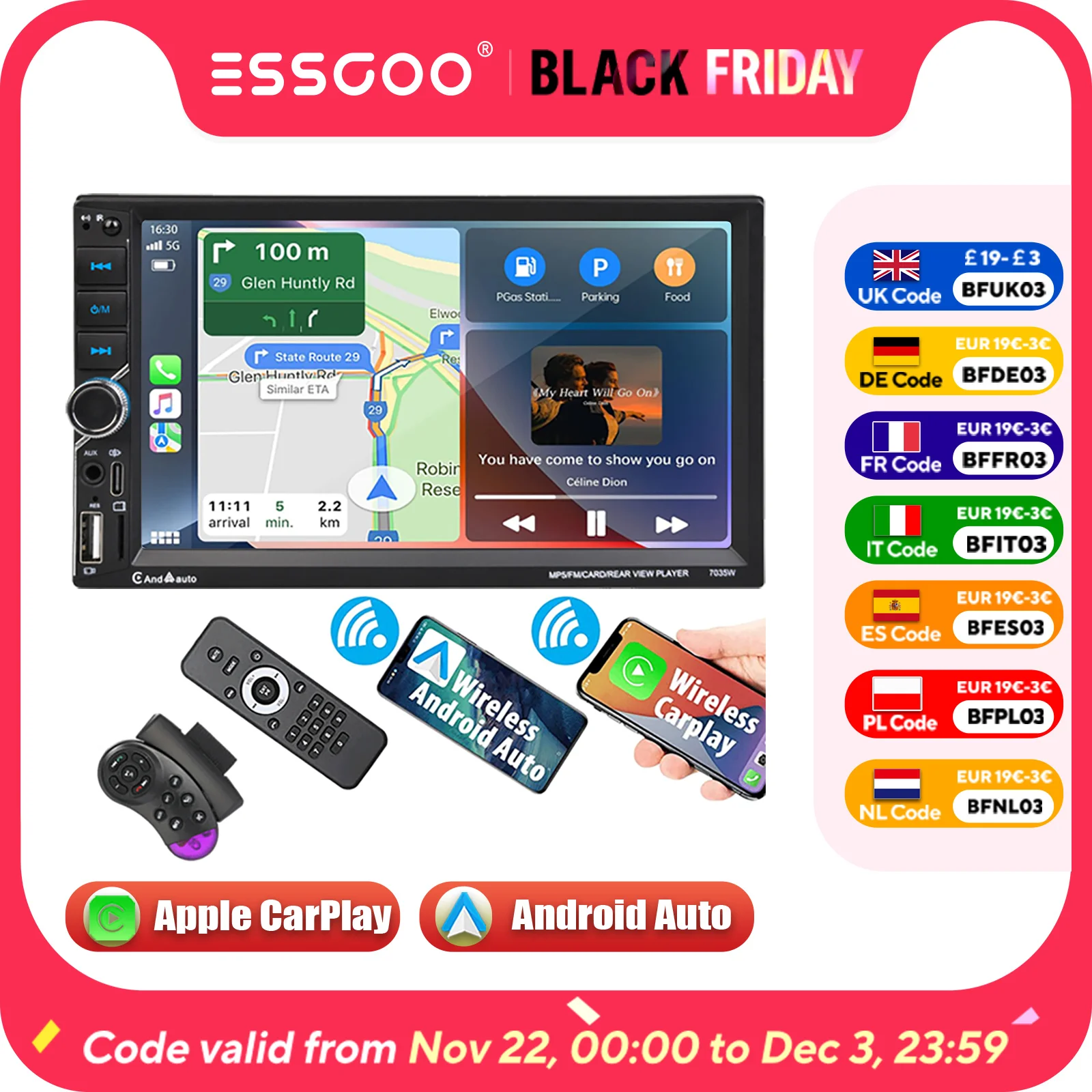 ESSGOO 2 DIN 7 Inch IPS Touch Screen Apple Carplay Android Auto Car Stereo Radio Multimedia MP5 Player USB Bluetooth USB AUX TF