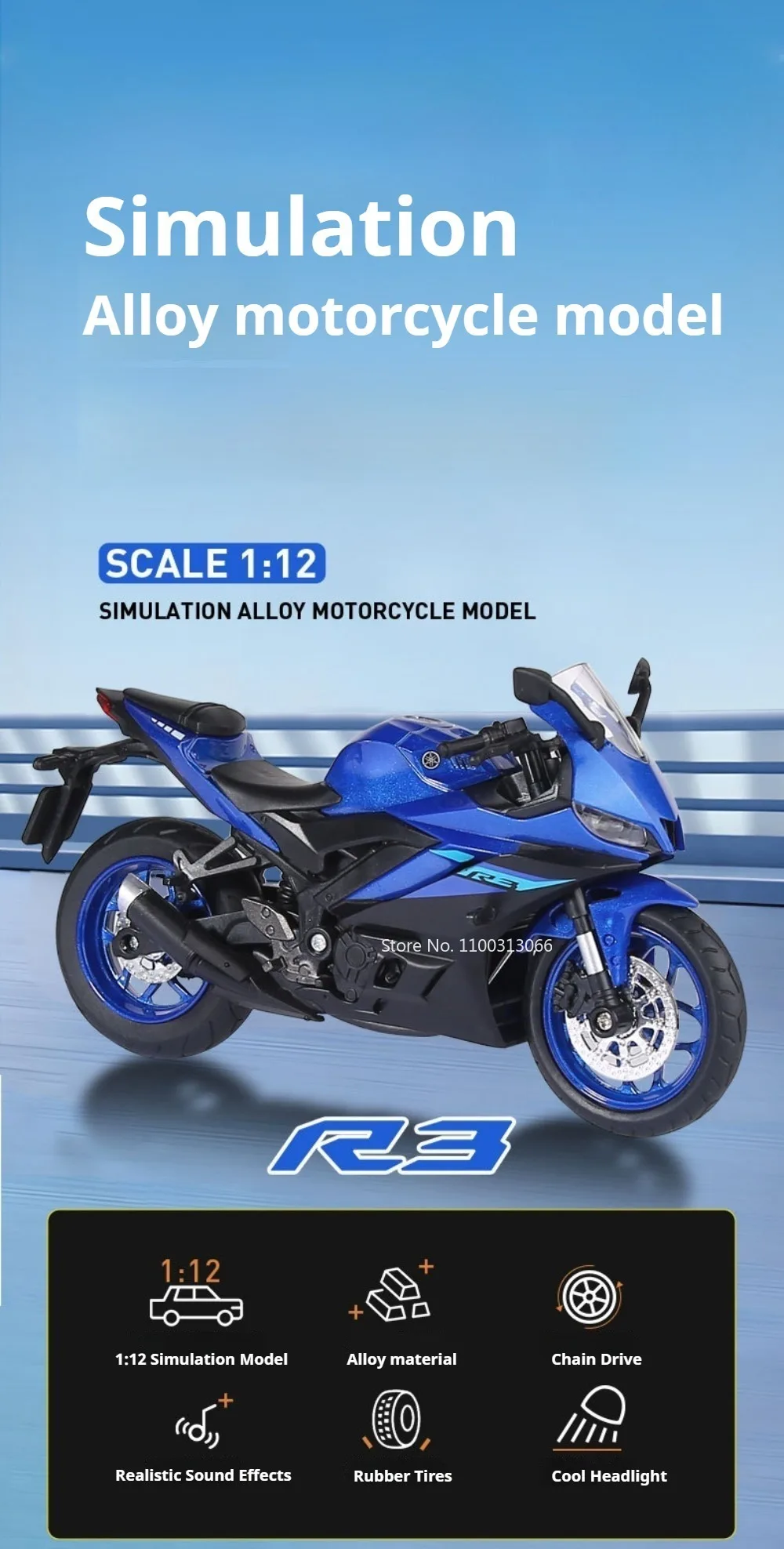 1:12 Legierung R1 R3 Motorradmodelle Spielzeug Legierungsautos Lenkbare Räder Miniatur-Motorrad mit Licht und Sound Fahrzeuge Tischdekoration – Detail 9