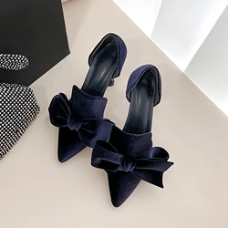 Elegant Dress Pumps Ladies Velvet Shoes with Bowtie Spring High Heels Shoes Woman Autumn Female Wedding Party Pump Sandals