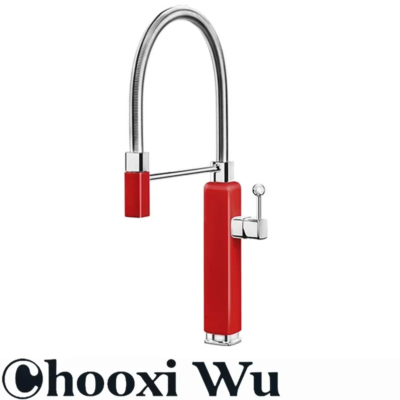 Modern luxury red kitchen faucet with retro design, pull-out water outlet, single handle hot and cold water sink Mixer