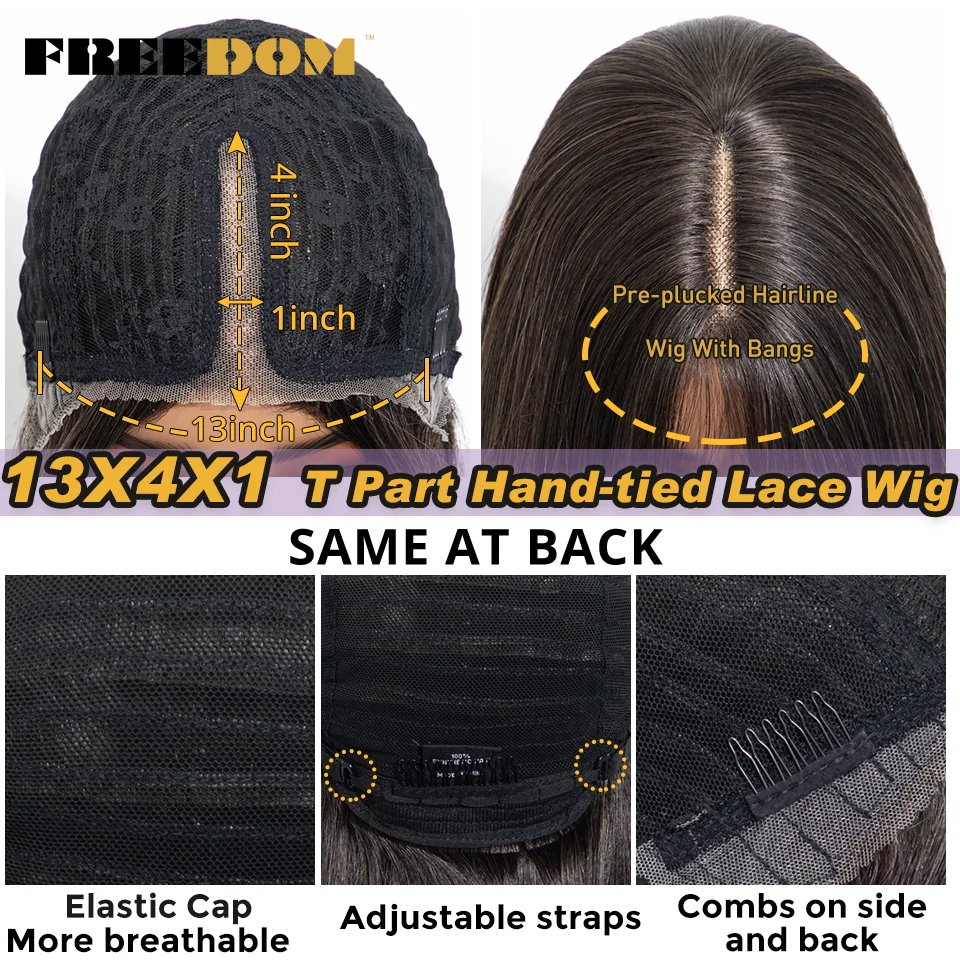 FREEDOM Synthetische Perücken mit Spitze vorne für Damen, 18 Zoll, vorgezupfte Ombre-Perücke in Braun mit Highlights und Pony, Mittelscheitel, Perücke für den täglichen Gebrauch. – Detail 6