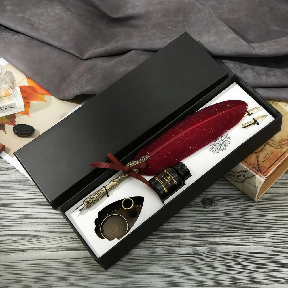 

Vintage Pen and Ink Set Gift Box Lightweight Feather Calligraphy Pen 15 Ml Ink Exquisite Design Fountain Pen Set Office Gifts