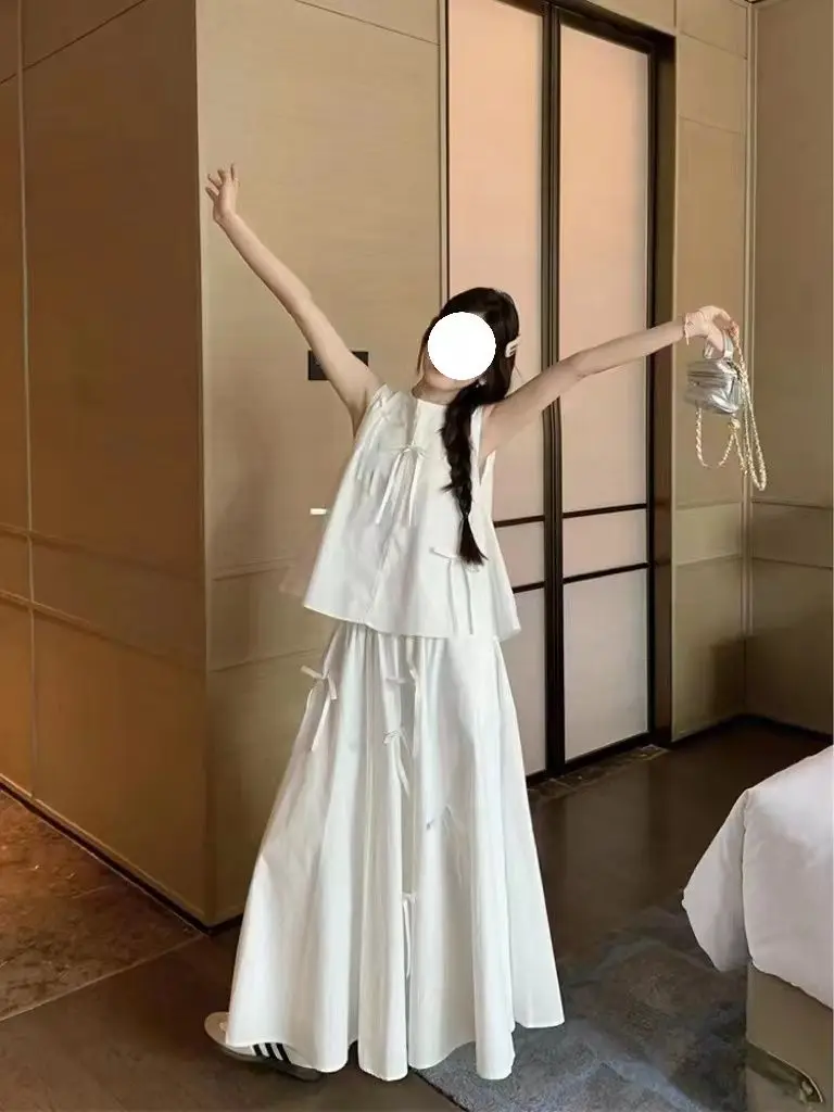 Women's Summer Bow Loose White Sleeveless Vest High Waisted Skirt