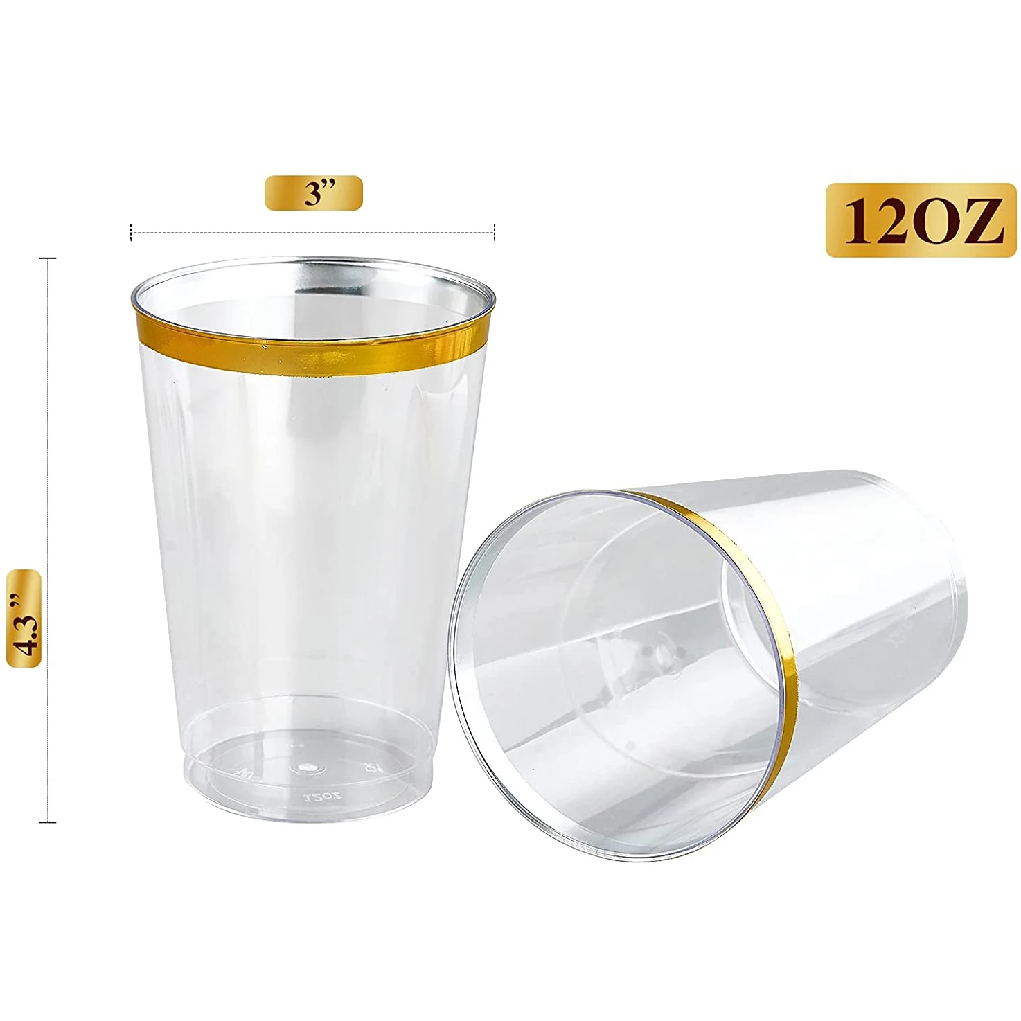 50/10pack 12oz Gold Plastic Cups -Premium Gold Rimmed Plastic Disposable Cups Tumblers for Elegant Weddings, Nice Celebrations