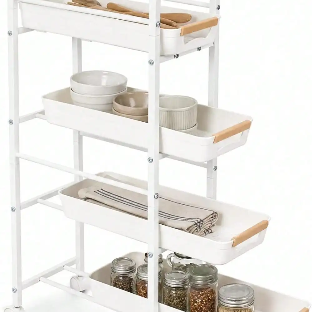 5-Tier Slim Rolling Storage Cart With Wooden Top, 9.5
