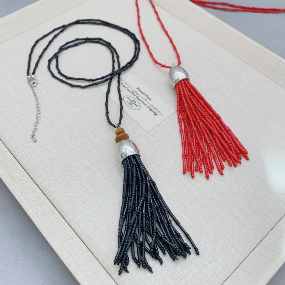 Russia Style Retro Glass Tassel Black and Red Coloured Beads Chain Temperament Versatile Long Necklace Sweater Chain for Women