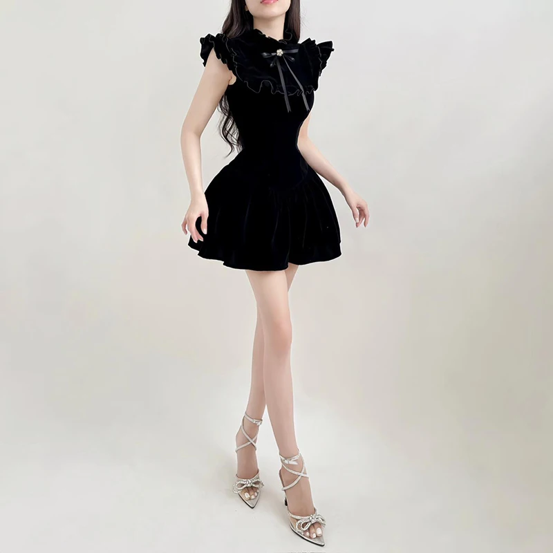 IAMHOTTY Elegant Flying Sleeve A-line Velvet Dress Black Sweet Japanese Style Sleeveless Princess Mini Dresses for Party Holiday