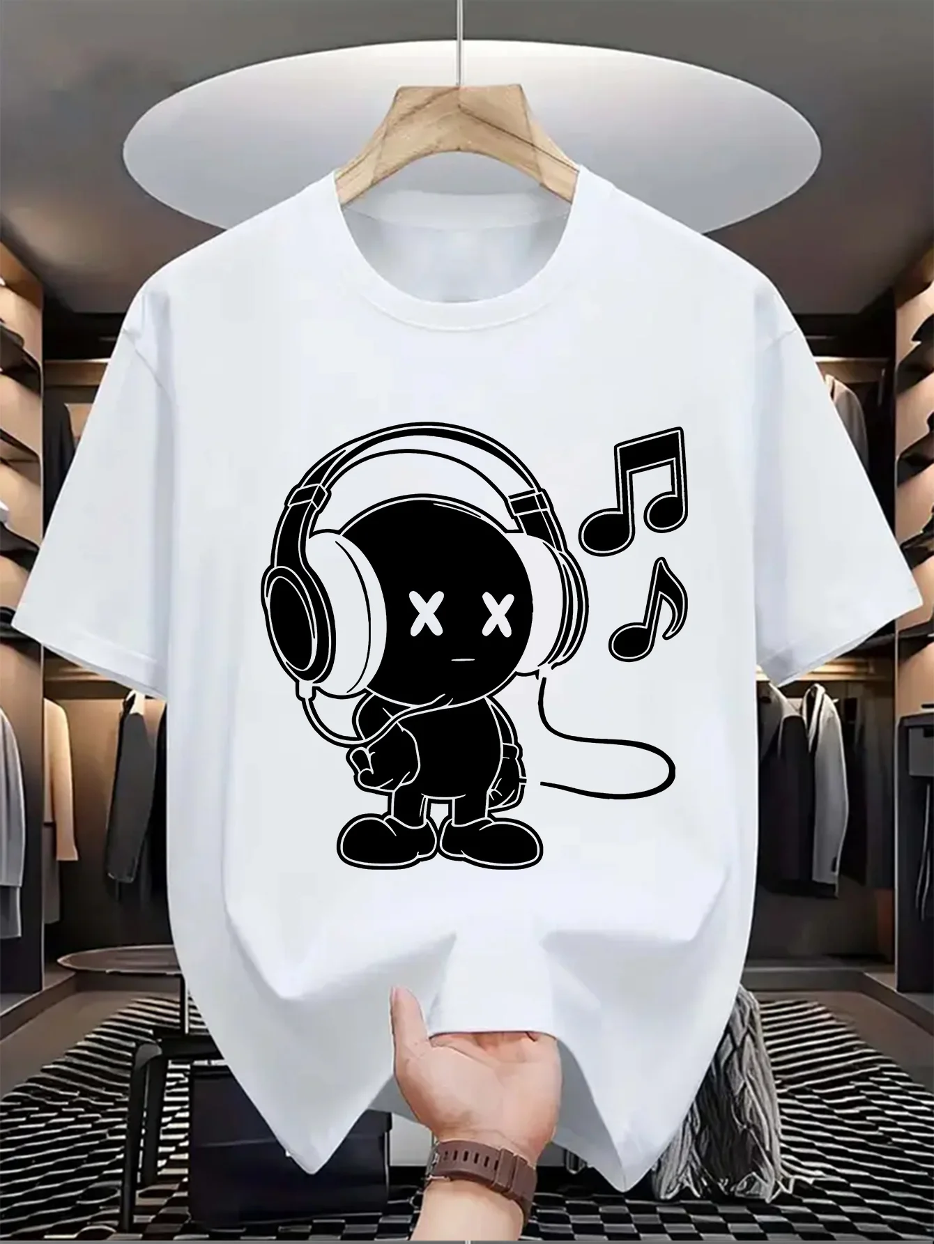 Red Music Graphic T-Shirt for Men - Summer Top with Robot and Headphones Design, Round Neck Short Sleeves Cotton Tee Shirt