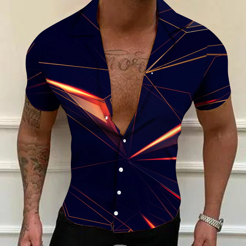 Summer Geometric 3D Printing Shirts Men Fashion Turn-down Collar Buttoned Shirt Casual Short Sleeve Cardigan Streetwear