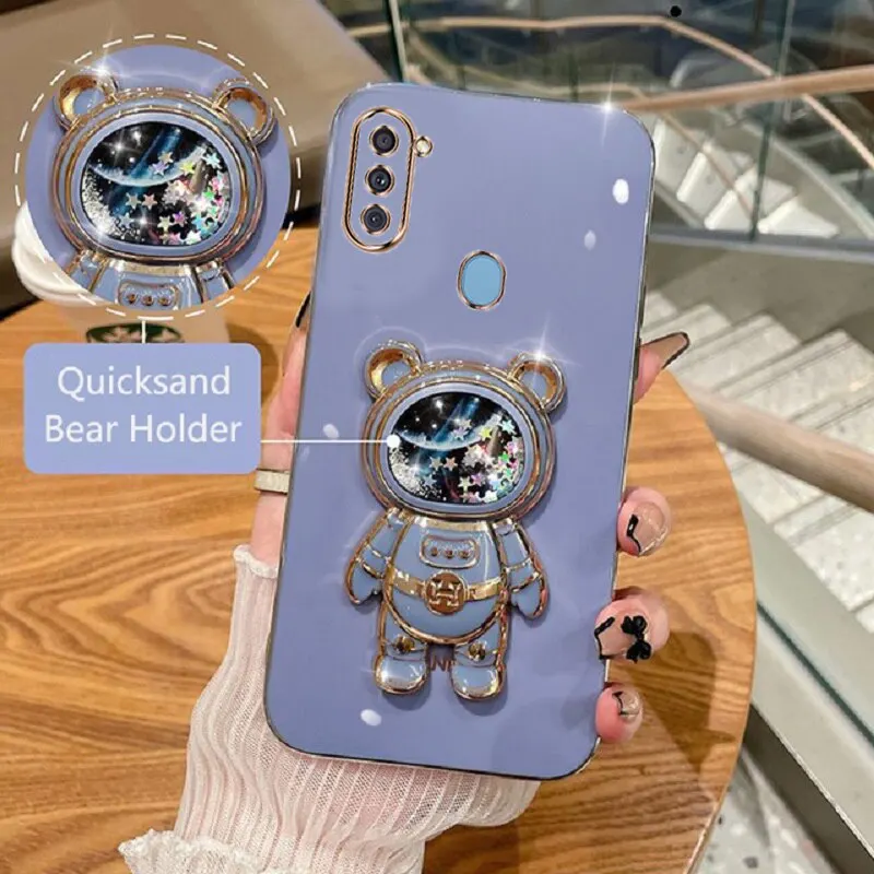 Phone Case For Samsung Galaxy A11 Soft Silicone Luxury Plating Cartoon Bear Fold Stand Phone Case Cover