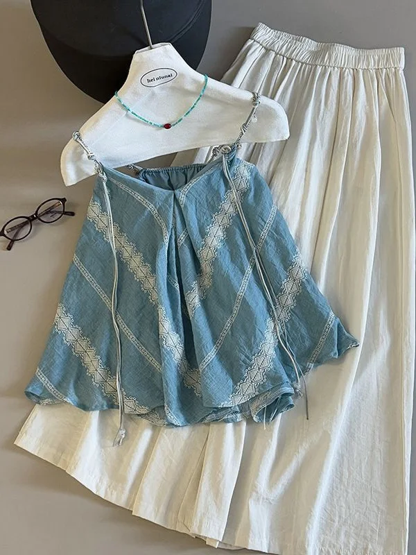 

Корейский стиль: модный комплект из топа на бретелях и широких брюк для женщин, летний, новый, повседневный, с эффектом похудения