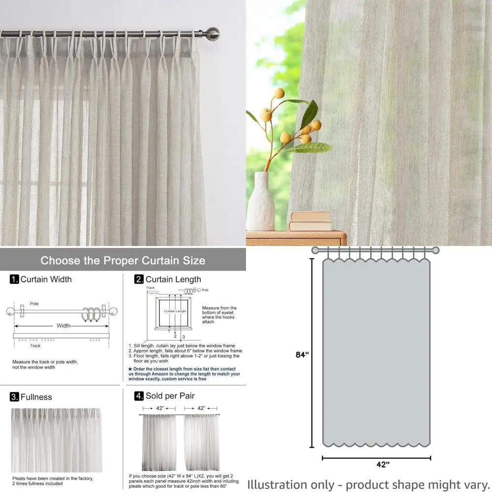 

Double Pleated Faux Linen Sheer Curtains, 42 x 84, Set of 2, Camel for Home & Office