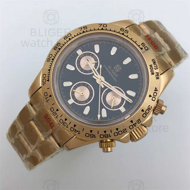 BLIGER jam tangan pria kristal safir 39mm, arloji bisnis kronograf kuarsa emas mawar modis mewah Dial hitam bercahaya gerakan VK63