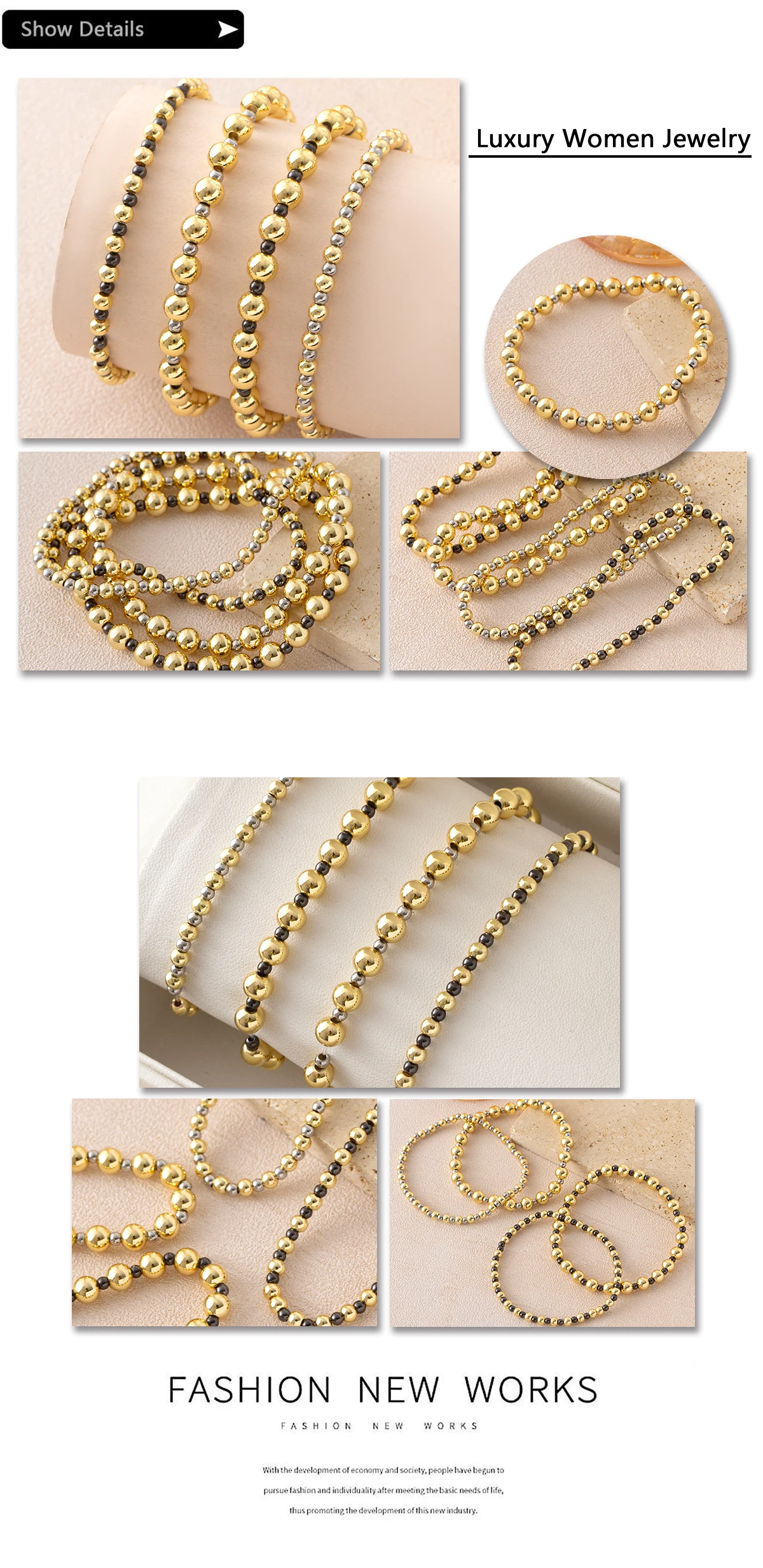 MHS.SUN Trendy Metall Ball Perlen Armbänder Mix Farben Elastische Perlen Armband Bankett Party Für Frauen Mädchen Schmuck Geschenke – Detail 17