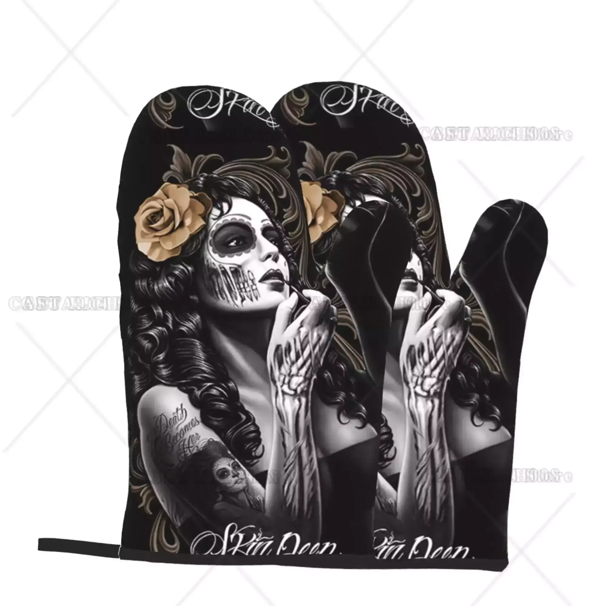 Sexy Women Skull Halloween Oven Gloves 2pcs Microwave Gloves Oven Gloves Heat Resistant Oven Mitts for Kitchen Bbq Cooking