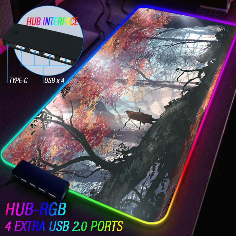 Extensible USB Hub 4 Port Fabric Mouse Pad SEKIRO Shadows Die Twice Luminous Gamer Mouse Pad RGB Tablecloth Non-slip 90*40CM Mat