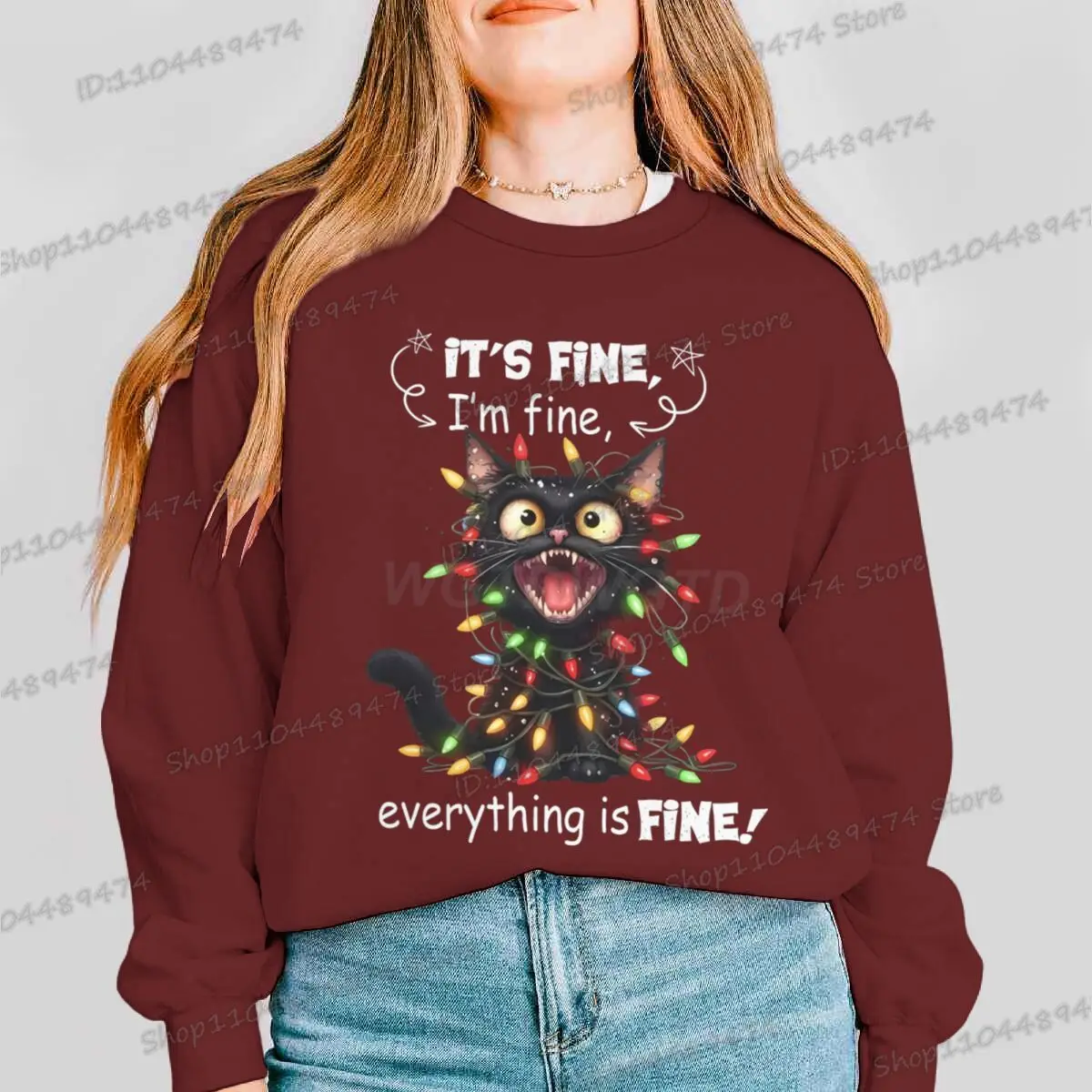 إنه جيد أنا بخير كل شيء جيد عيد الميلاد البلوز الرجال النساء الصوف مضحك القط البلوز عيد الميلاد Y2K سوداديرا بلوزات