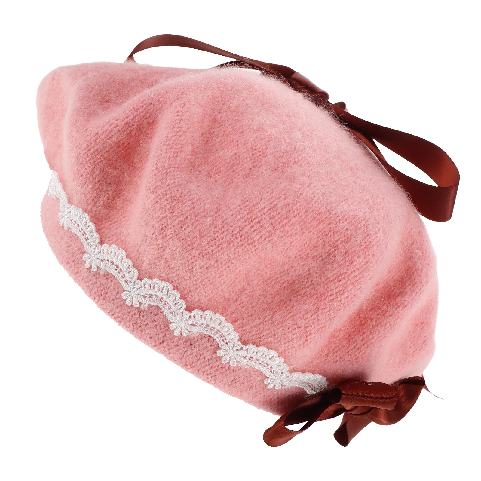 

Japanese Design Girls Women Retro Pink Wool French Bowknot Warm Cap Halloween Christmas Street Style Seasonal Wear Soft Woolen