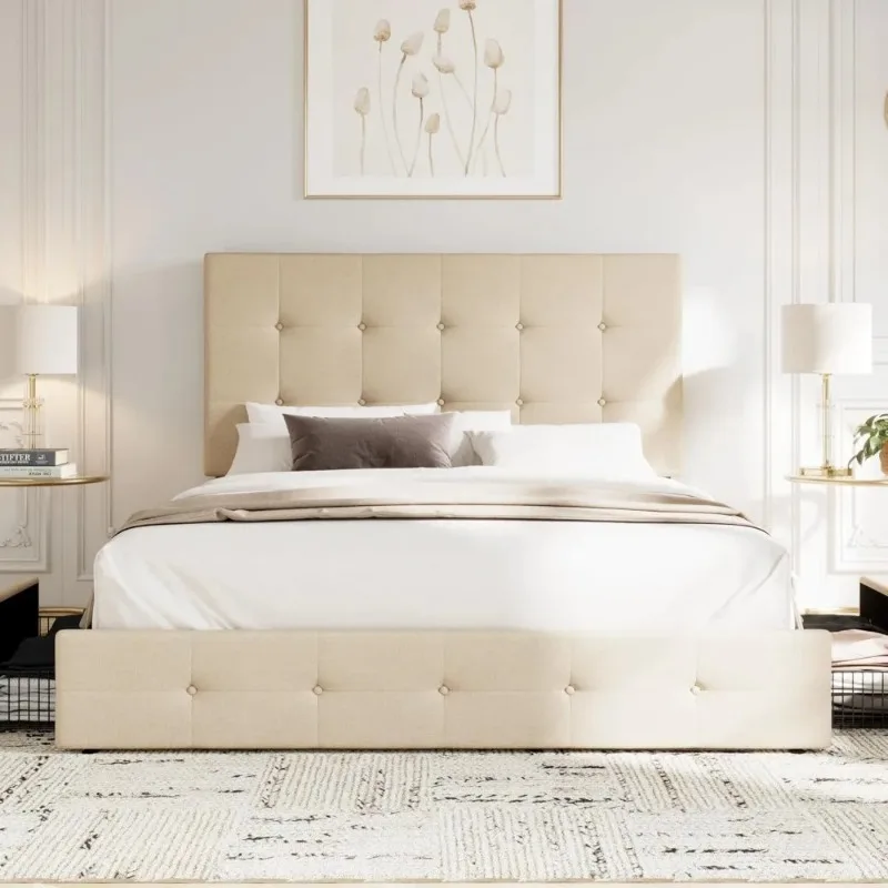 الأثاث. إطار سرير بمنصة كوين منجد بتصميم مبتكر مع 4 أدراج تخزين ولوح رأسي، ومؤخرة مربعة مخيطة