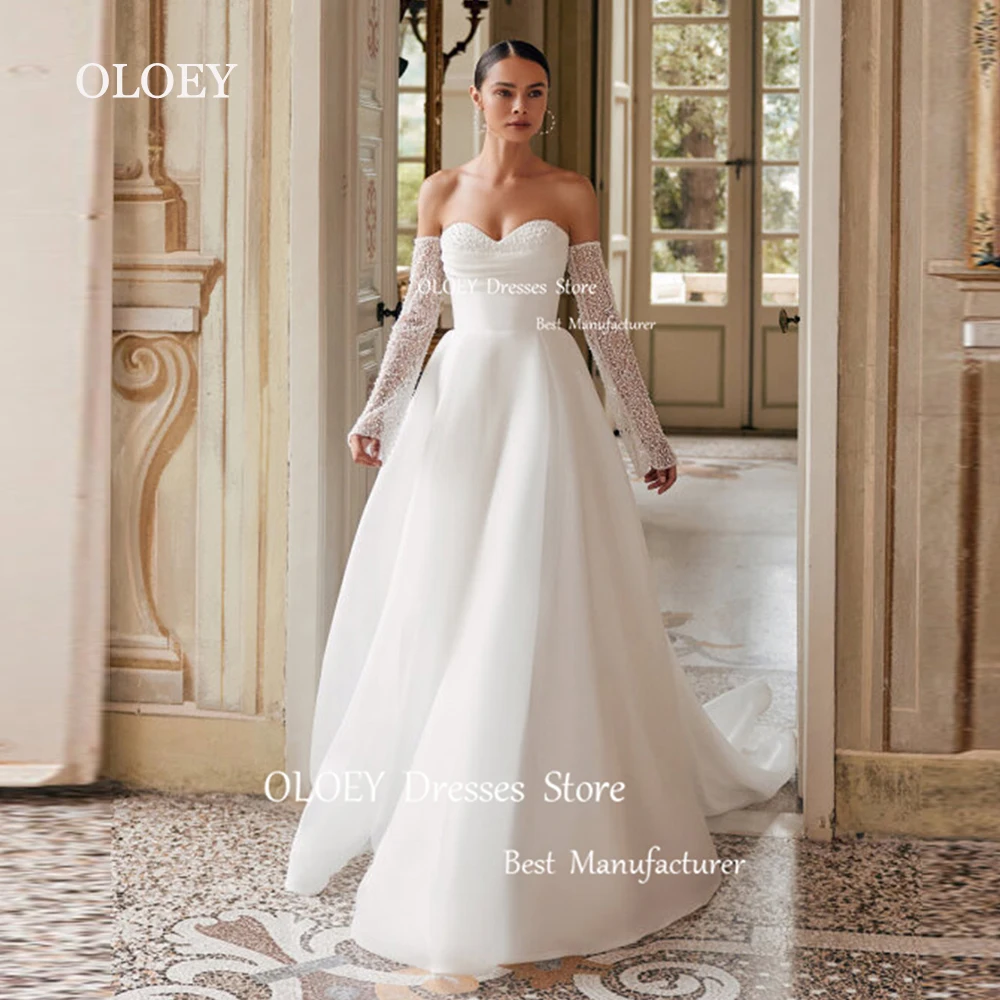 

OLOEY Elegant White Satin Wedding Dress With Beads Lace Gloves Sweetheart Bridal Gown Sweep Train Zipper Back Custom Made