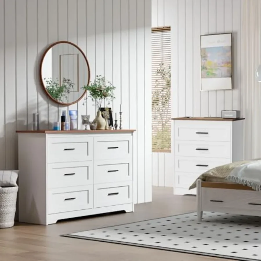 Farmhouse Dresser for Bedroom 6 Drawers Dresser with Power Outlets Rustic Chest of Drawers with Natural Texture White Organizer