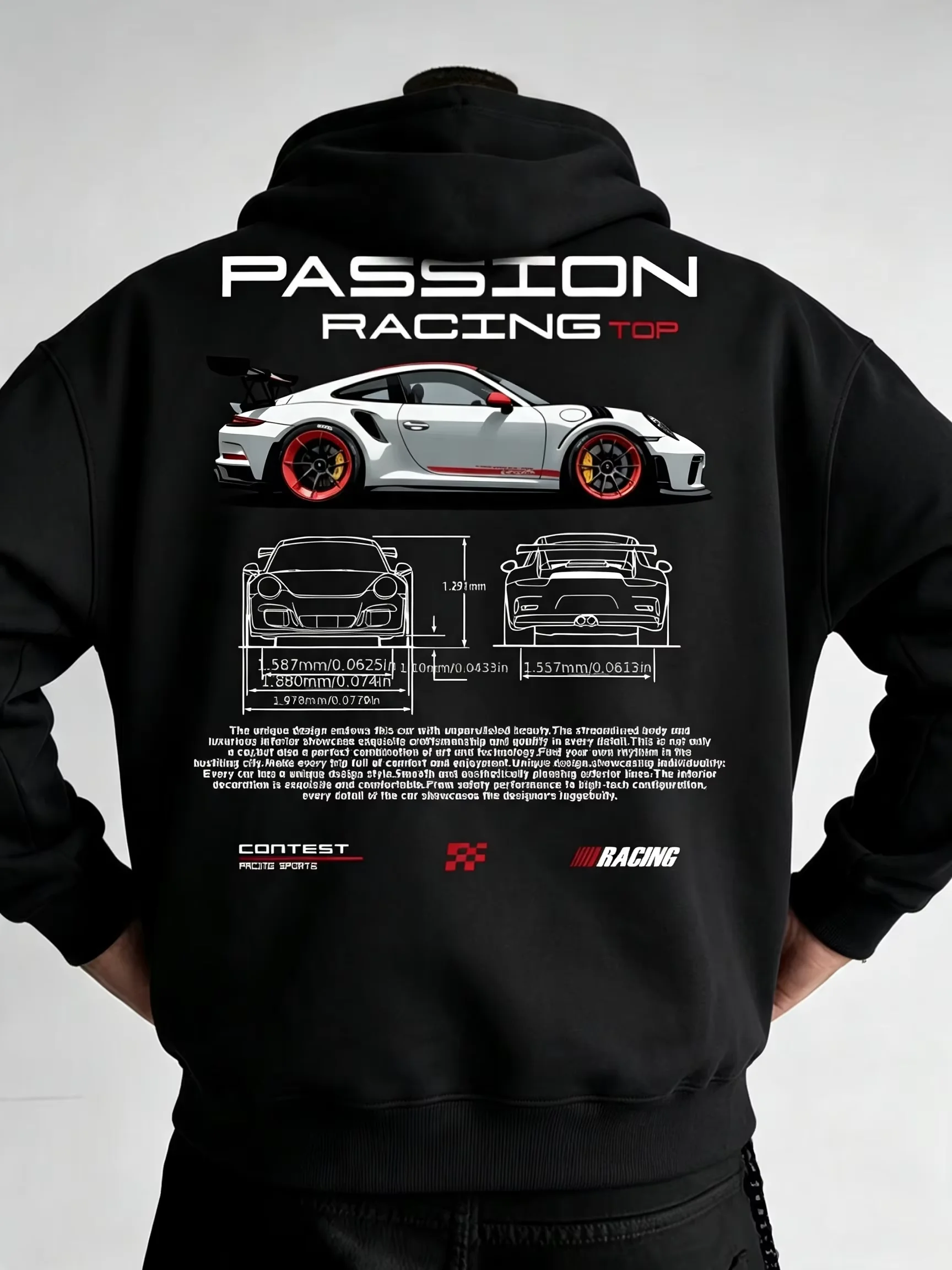 Men's hooded sweatshirt featuring top-level racing element print design with a round neck and trendy street style fashion design