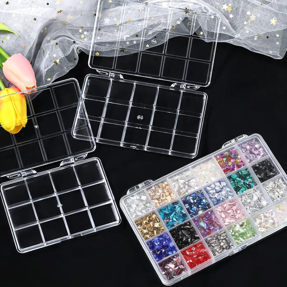 12/15/24grids Acrylic Clear Nail Storage Box Empty Storage Containers for Nail Rhinestones/Charms/Glitters Nail Container Case