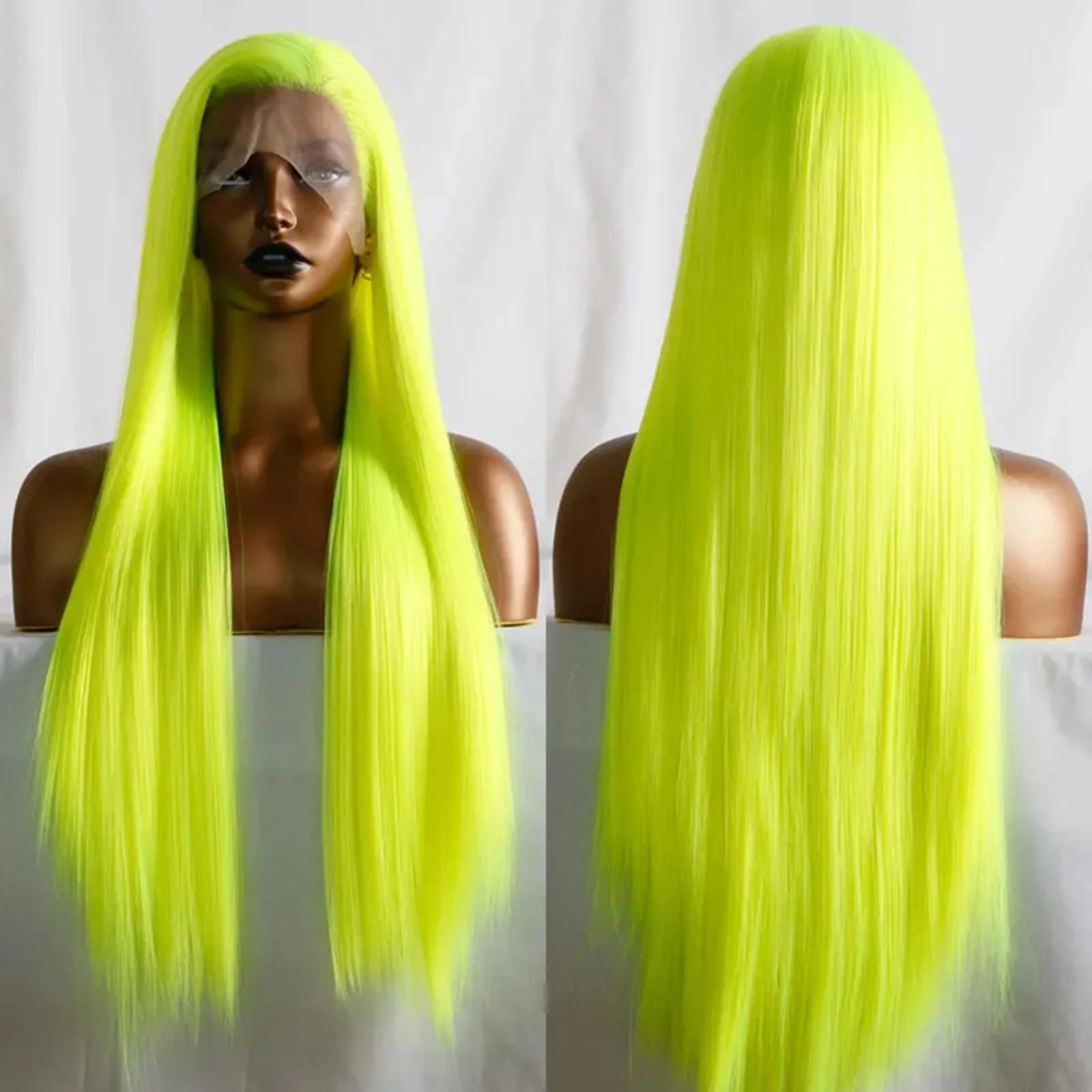 13X4 Neon Green Wig Straight Synthetic Lace Front Wig Long Silky Fluorescent Yellow Colored Hair Frontal Wigs for Women Party