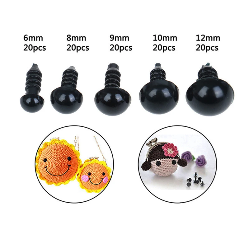 Ojos de seguridad de plástico negro para juguetes de piezas, Kit de manualidades, TeddyBear, Ojos de juguete suaves, 6mm, 8mm, 12mm, 100