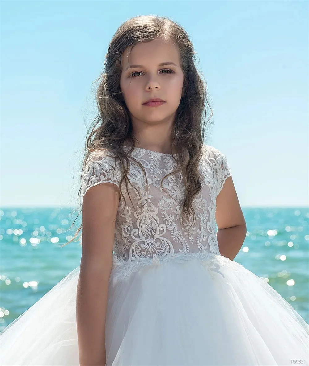 O-Ausschnitt Blumen mädchen Kleid für Hochzeit Prinzessin Mädchen Festzug Kleid weiße Spitze Applikationen lange Ärmel boden lange Kinder Vestidos