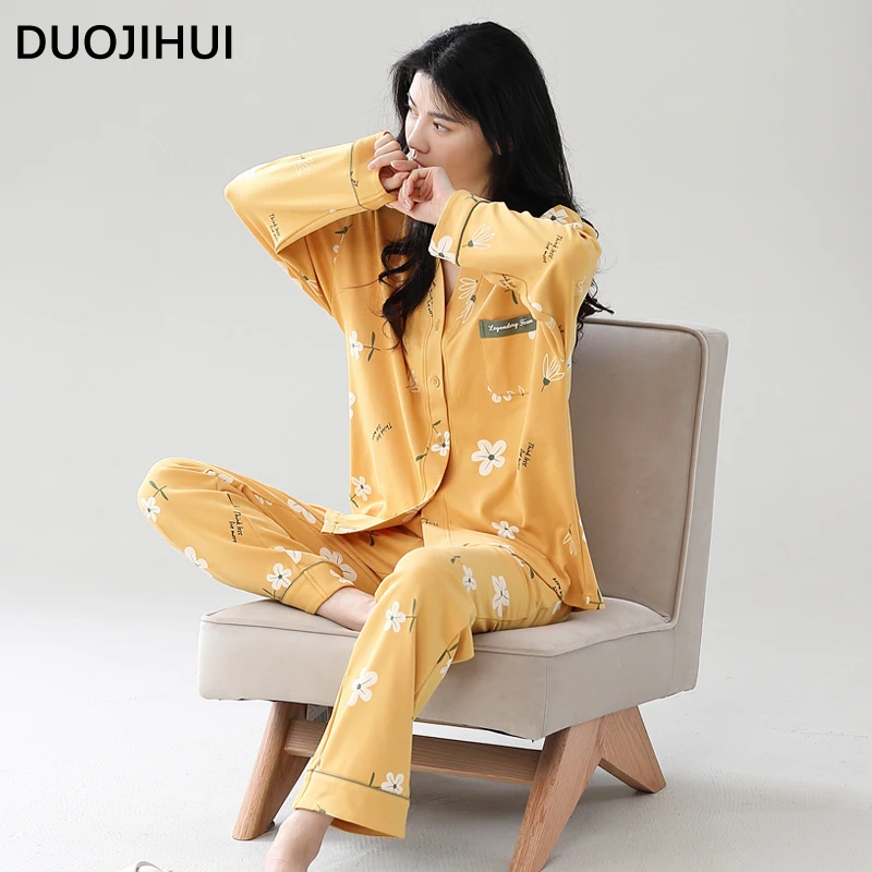 DUOJIHUI Yellow Chic Floral Printed Simple Pajamas for Women Autumn V-neck Cardigan Loose Pant Fashion Casual Female Pajamas Set