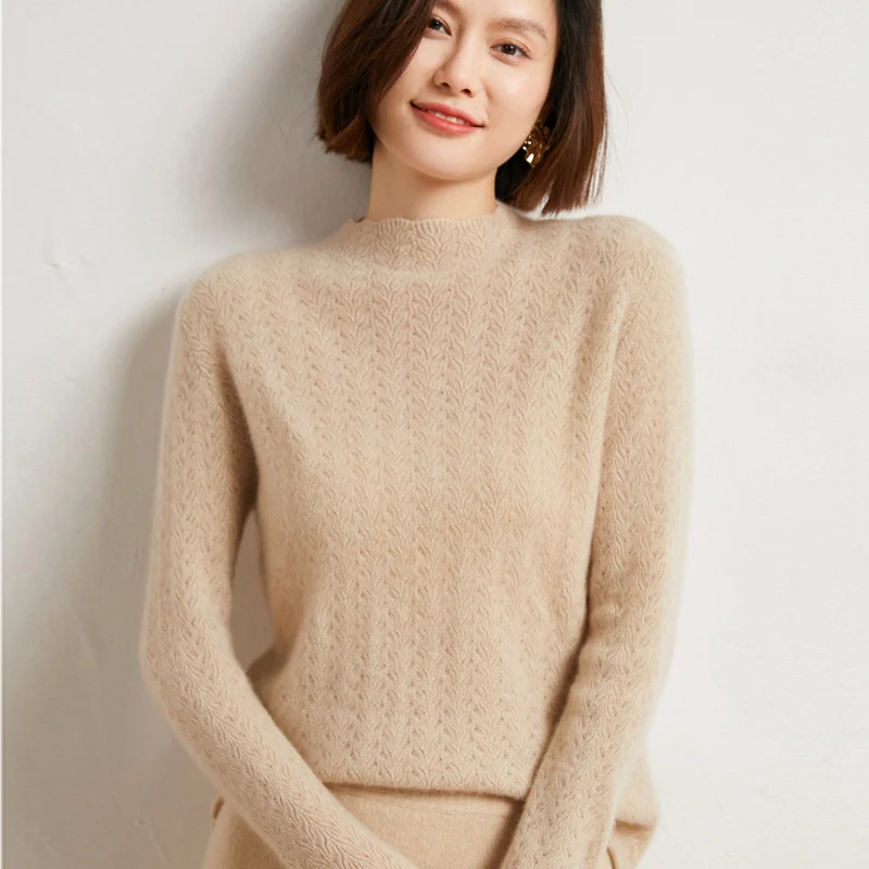 Autumn Winter Women 100% Merino Wool Sweater Casual Lace Half-high Collar pointelle Pullover Thicken Warm Cashmere Knitwear Top