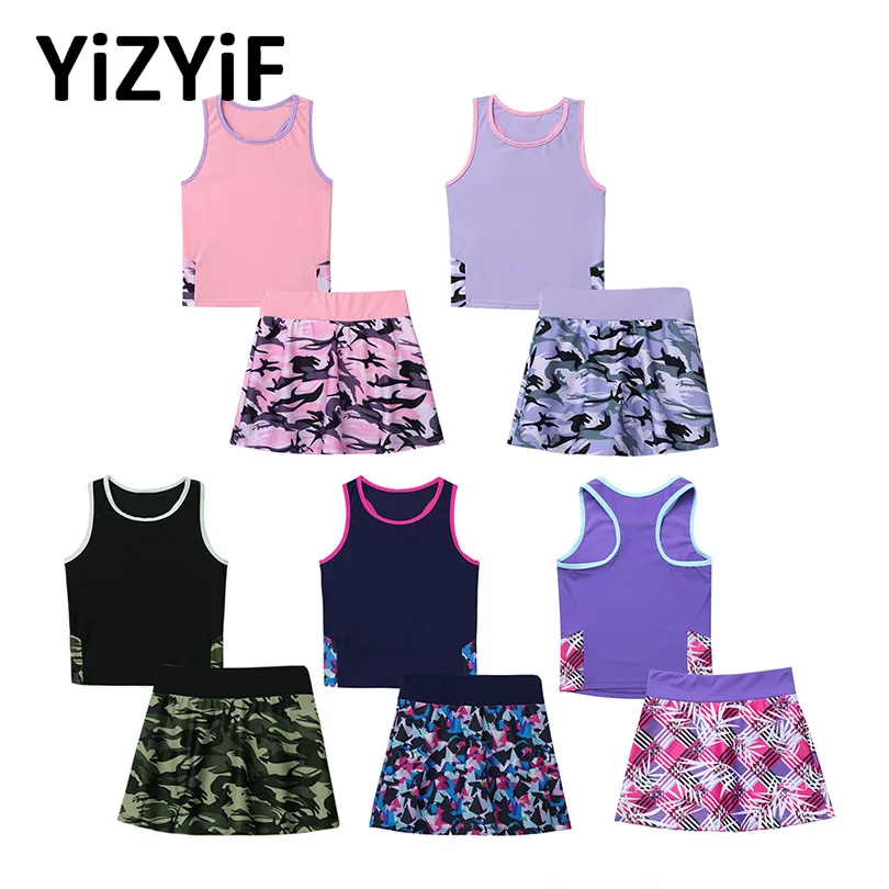 Kids Tennis Skirt Set for Girls Children's Clothing Sport Suit Racer Back Top Built-in Shorts Set Running Gym Fitness Sportswear