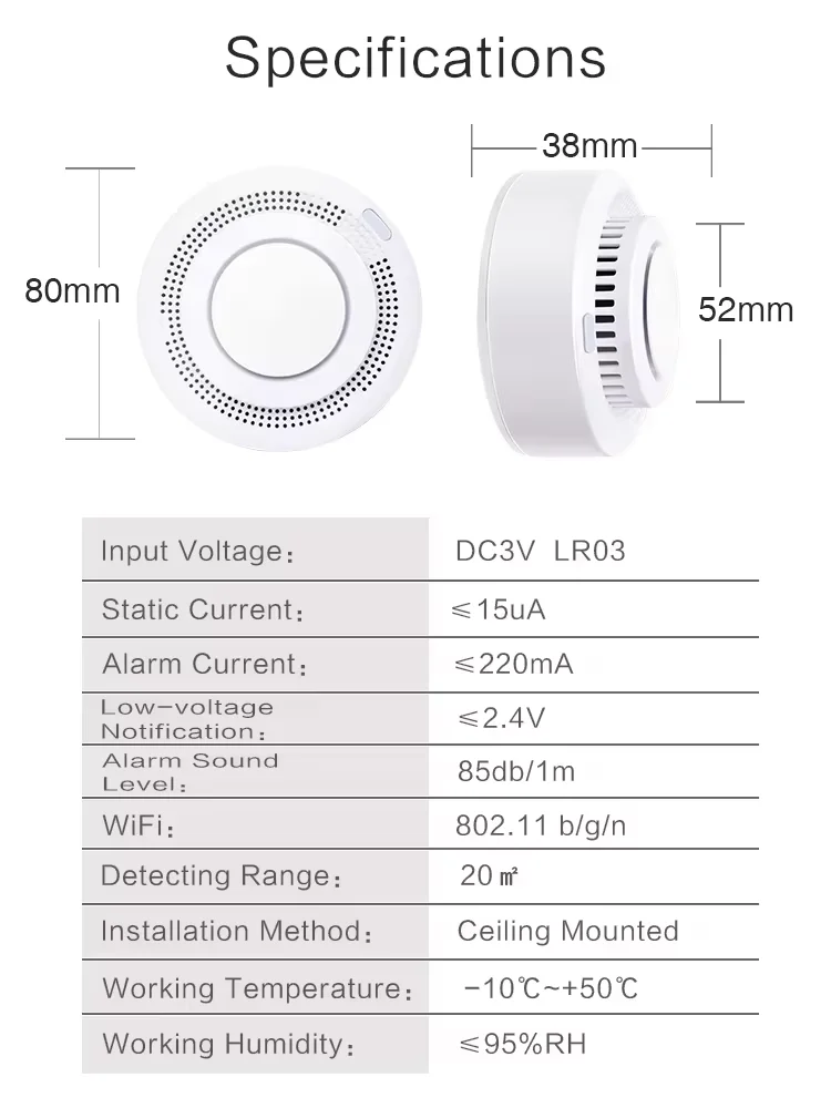 6Pack Tuya WiFi Smart Smoke Sensor Smartlife APP Controle Rookmelder 85dB On-site alarm Ondersteunt Alexa & Google Assistant - afbeelding 2