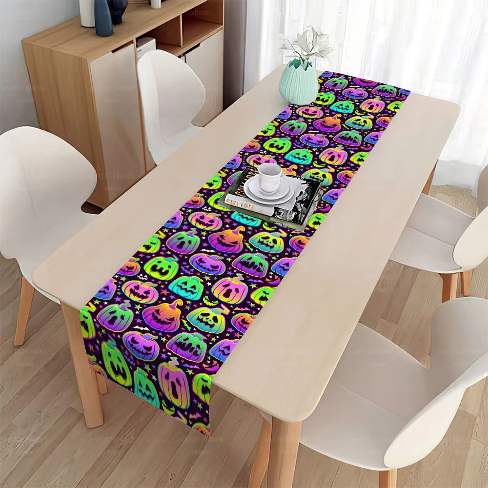 Neonfarbener, bunter Kürbis-Tischläufer für Halloween, Tischdecke mit psychedelischem Jack-O'-Lantern-Motiv, Tischdeko aus Polyester für Halloween.