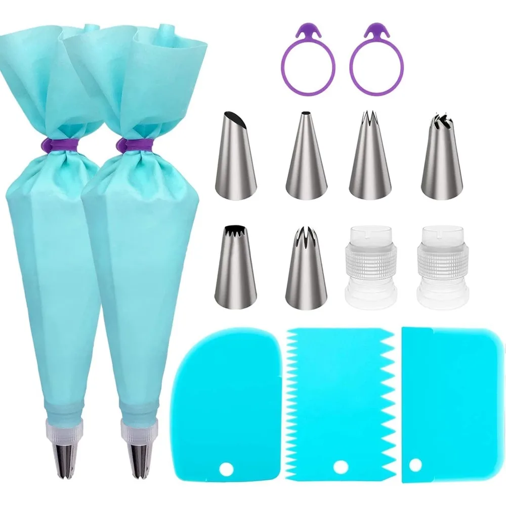 Cake Decorating Kit with Reusable Piping Bags Tips Icing Nozzles Standard Converters Silicone Rings for Frosting Cookies Cupcakes Baking Supplies