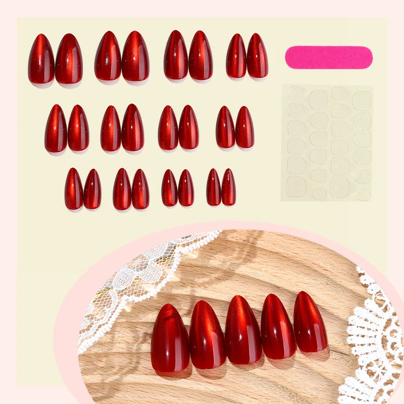 24枚入り グリッターレッドキャットアイアーモンド型付け爪 秋冬フレンチピュアカラーつけ爪 取り外し可能 シンプルネイルマニキュア