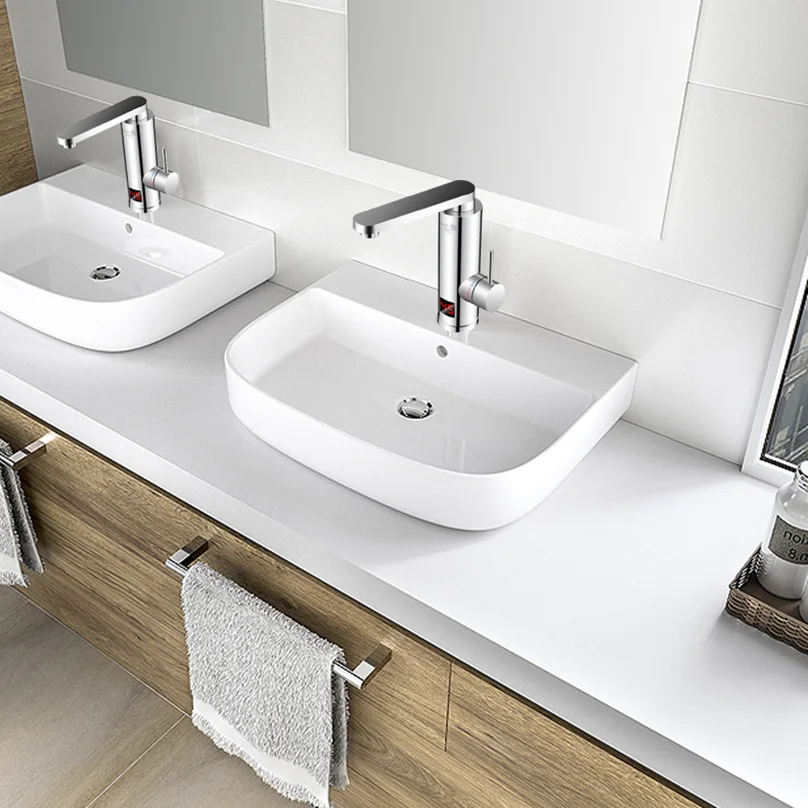 220V Tankless Electric Heater Kitchen Water Tap 360 Degree Rotate Cold and Hot Water Faucet with Led Display for Wash Bathroom