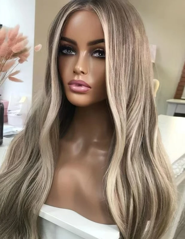 QW Synthetic Preplucked Ombre Ash Blonde Soft Wavy Lace Front Wig For Women Hair Heat Resistant Fiber Cosplay  Daily