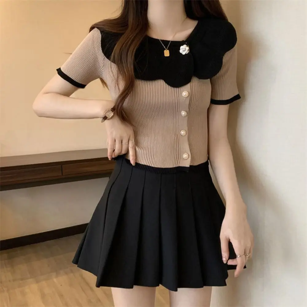 Mode O-hals geruit gebreid T-shirt met bloemenknoop, kort, slank, cropped top, dames top, streetwear, kort gebreid vest, strandkleding