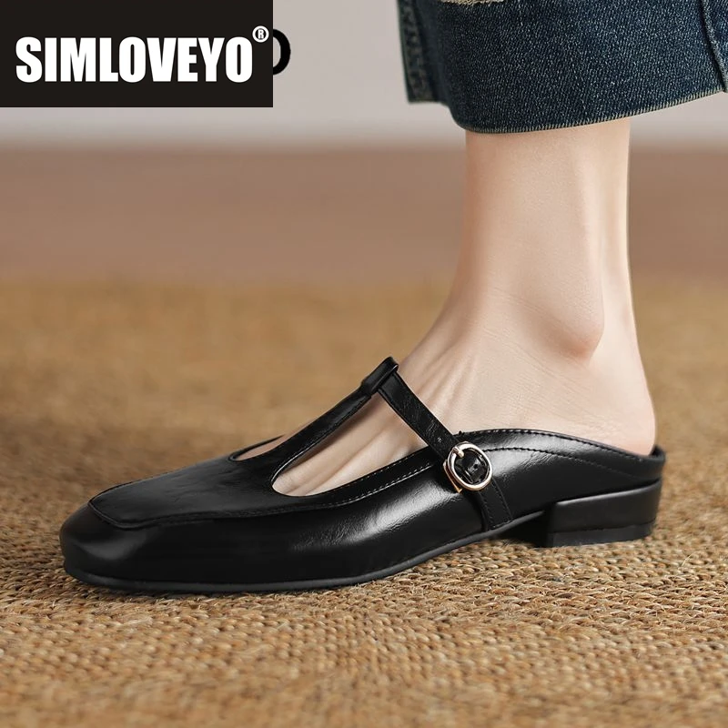 

SIMLOVEYO 2025 Милые женские сандалии с квадратным носком на низком каблуке 3,5 см с пряжкой и Т-образным ремешком без шнуровки Мюли большого размера 42 43 44 Мягкие туфли для свиданий