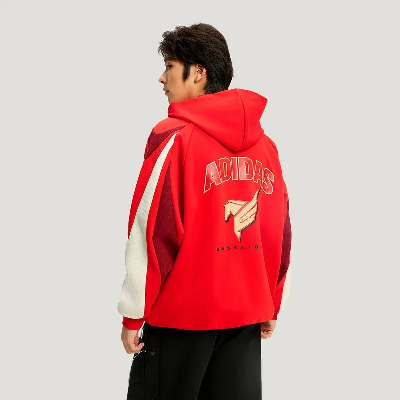 Adidas New Year's Red Year of The Horse Double-sided Knitted Hooded Jumper 2026 Spring Men's Sweater KT0620