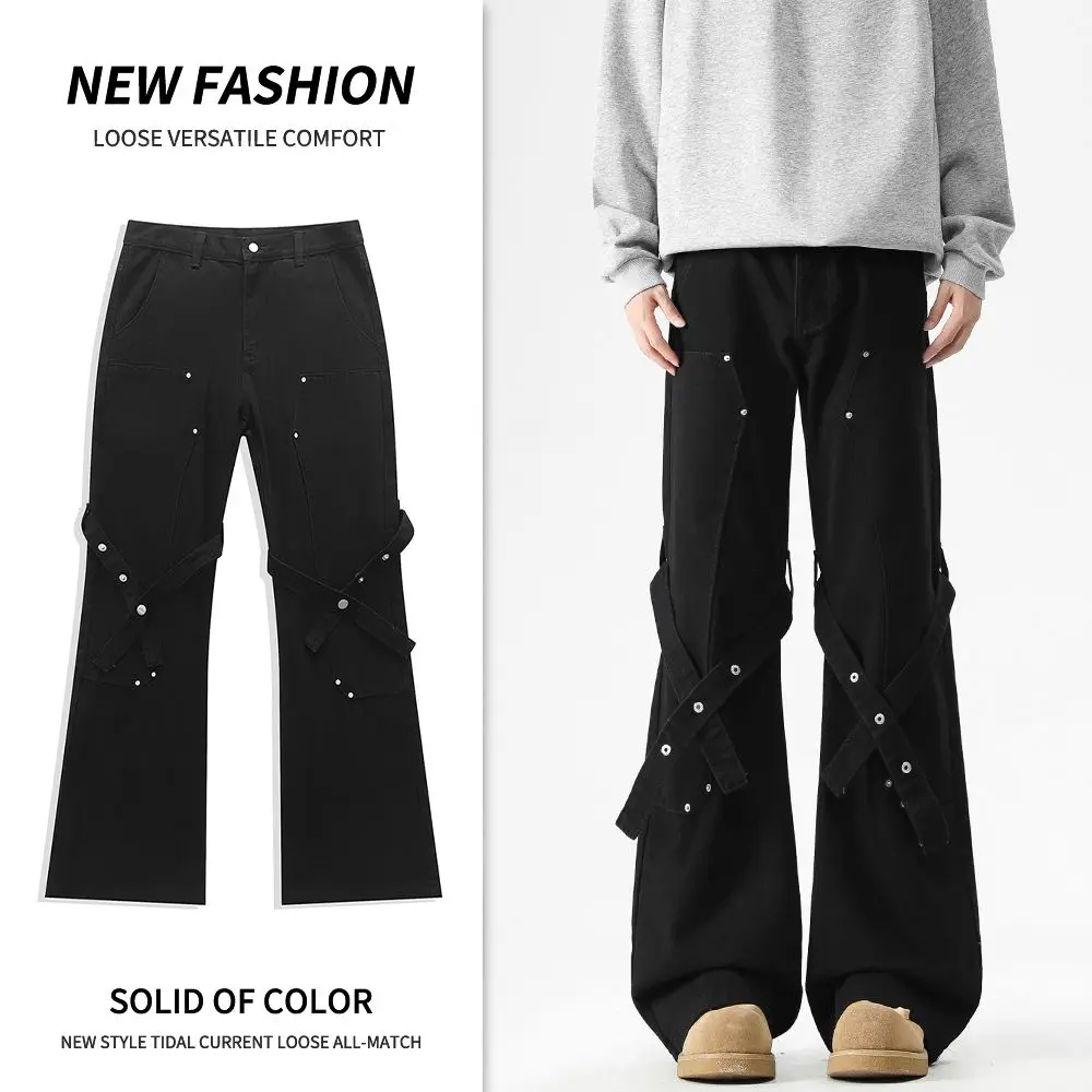 Black Micro Flared Jeans Slim Fit Small Curved Knife Y2K Fashion Ribbon Men Women Youth Daily Leisure