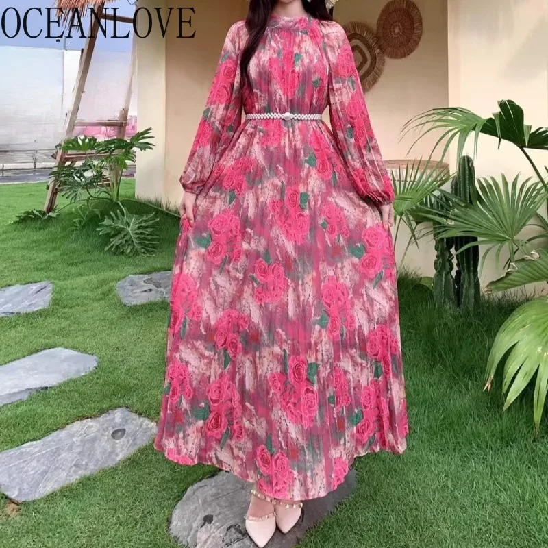 

OCEANLOVE Print Floral Women Dresses Chiffon Beach Style Long Sleeve Retro Long Dress Fashion Stand Collar Vestidos Mujer