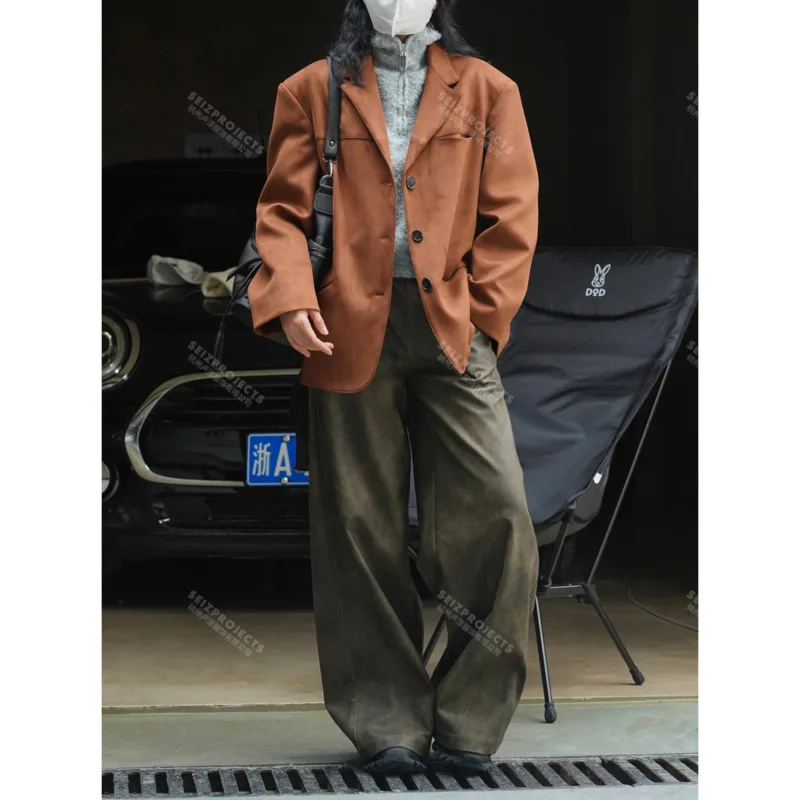 Traje Vintage de ante con bolsillo curvo para mujer, chaqueta recta holgada con cuello de solapa, abrigo de botonadura única, Invierno
