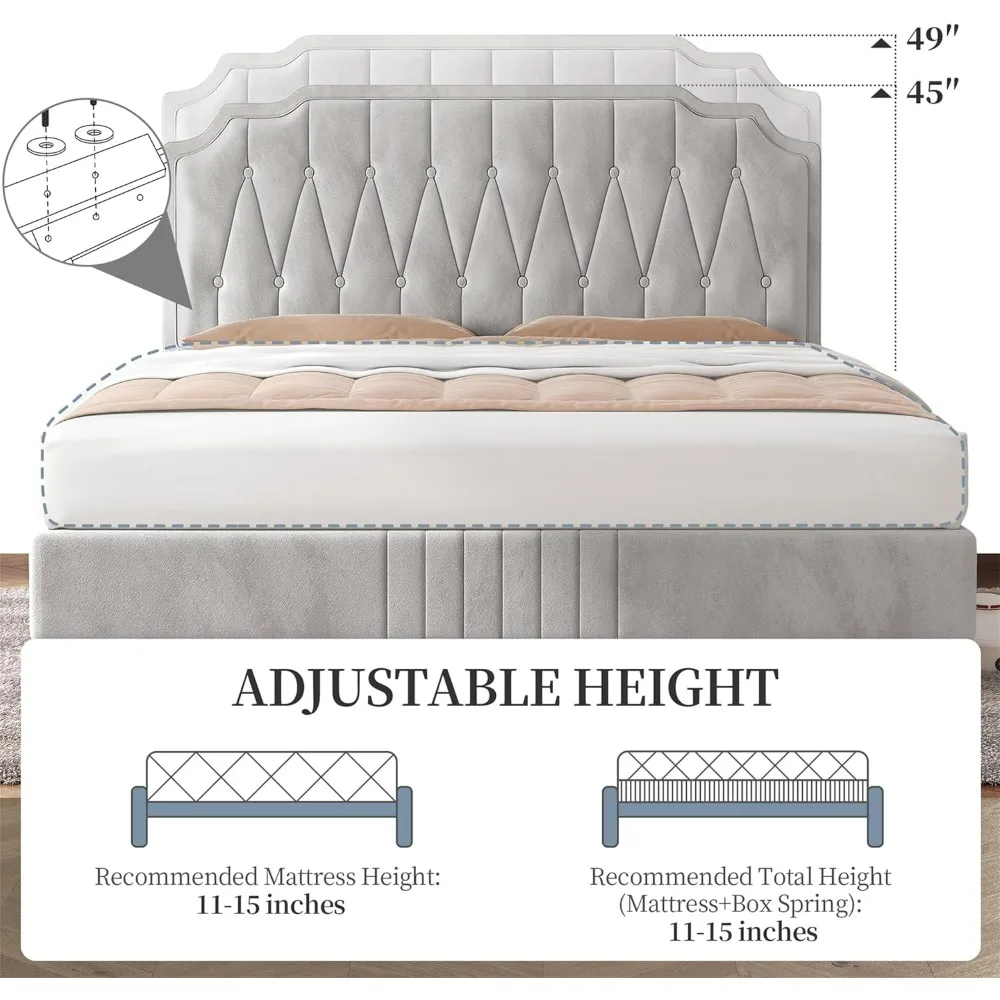 Yaheetech cama queen com estrutura de veludo, camas estofadas com plataforma e cabeceira curvada, cabeceira ajustável em altura, cama queen bege