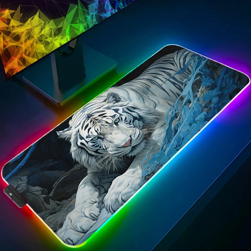 

RGB LED Mouse Pad Extended Gaming Tiger Mousepad With Stitched Edges Desk Mat Non-Slip Base Computer Keyboard Pad For Laptop