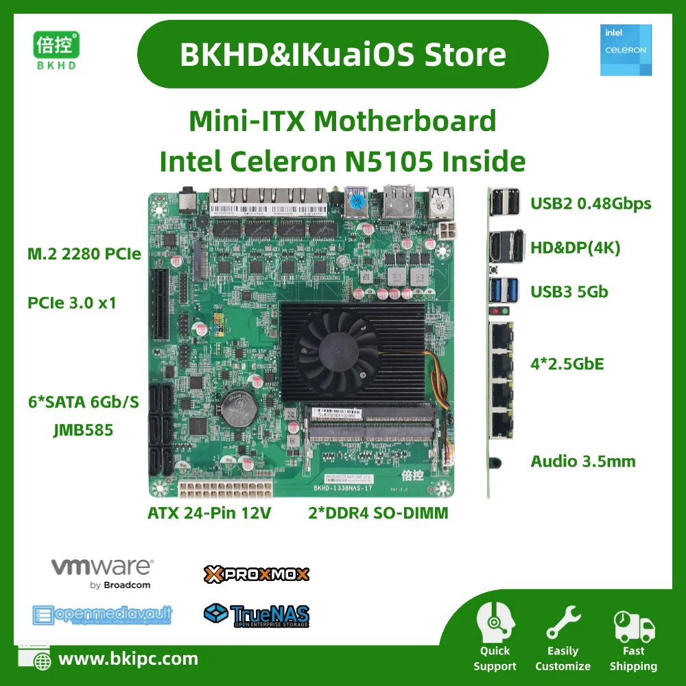 IKuaiOS Mini-ITX Motherboard Integrated Celeron N5105 4x2.5GbE JMB585 6xSATA for Building NAS Firewall Home Servers 1338-NAS-MB